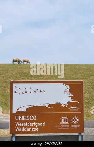 UNESCO-Weltkulturerbe Wattenmeer Schild in niederländischer Sprache. Das Wattenmeer ist das größte Wattenmeer der Welt. Stockfoto