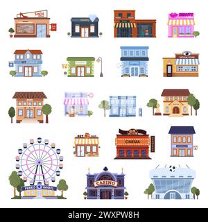 Set aus verschiedenen flachen Stadtgebäuden. Stock Vektor
