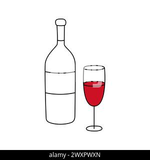 Rotweinflasche und Glas. Illustration des Kritzelvektors. Nette Hand gezeichnete Elemente des Alkoholgetränks isoliert auf weißem Hintergrund. Stock Vektor