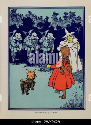 „Ich bin die Hexe des Nordens“, wo Dorothy auf die Hexe des Nordens trifft. Vintage Book Illustration aus der ersten Ausgabe von The Wonderful Wizard of Oz von Frank Baum, 1900. Kunstwerk von William W. Denslow Stockfoto