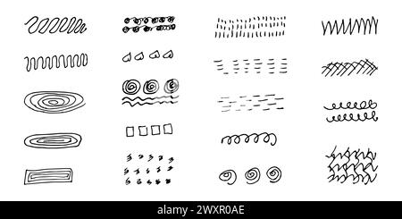 Pinsel und Elemente für Notizen, die Text hervorheben. Quadrate Kreise Linien wellige Konturen. Vektorabbildung... Stock Vektor