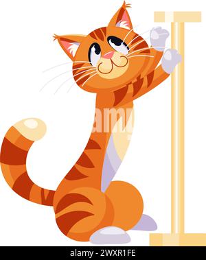 Niedliche große Tabby Ingwerkatze schärft ihre Krallen auf Kratzbaum, Zeichentrick flache Design-Illustration Stock Vektor