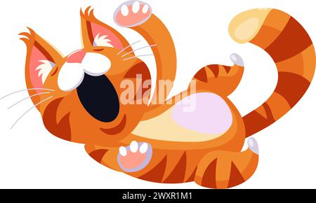 Niedliche große Tabby-Ingwer-Katze, die süß gähnt, auf dem Rücken liegend, Zeichentrickfigur mit flachem Design Stock Vektor