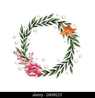 Aquarellillustration runder Rahmen der Unterwasserwelt mit Algen, Seesternen, Korallen und Blasen. Aus dem Hintergrund isolierte Meerestiere. Compositio Stockfoto