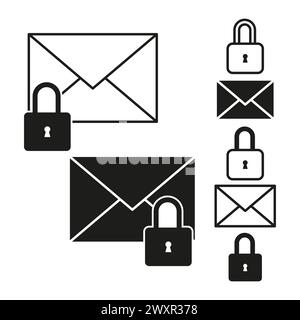 Symbolgruppe für E-Mail-Sicherheit. Umschlag mit Sperrsymbolen. Konzept der sicheren Kommunikation. Schilder zum Schutz der Privatsphäre. Vektorabbildung. EPS 10. Stock Vektor