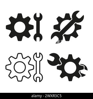 Symbolsatz Einstellungen und Werkzeuge. Zahnrad- und Schraubenschlüsselsymbole. Konfigurations- und Wartungsvektoren. Wartungsschilder für Mechaniker. Vektorabbildung. EPS 10. Stock Vektor
