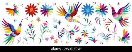 Große Sammlung traditioneller Elemente des mexikanischen Musters Otomi, Blumen, Blätter, Vögel Stock Vektor