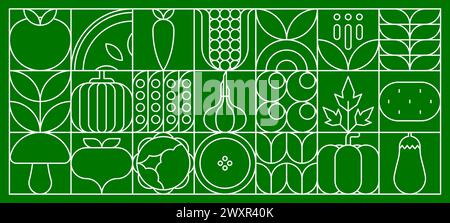 Gemüse Lebensmittel abstrakte moderne Linien geometrisches Muster. Vektor-Umrisszeichen von Tomaten, Pilzen, Rote Bete und Karotten. Kürbis, Kohl und Knoblauch, Kartoffeln, Auberginen oder Erbsenschoten auf grünem Hintergrund Stock Vektor