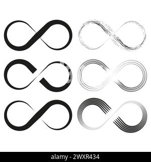 Unendlichkeitssymbole festgelegt. Endlosschleifensymbole. Ewige, grenzenlose Zeichen. Vektorabbildung. EPS 10. Stock Vektor