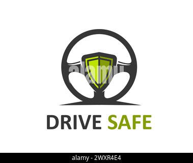 Safe Drive Logo Symbol, Fahrschule Symbol, mit Auto Lenkrad und grünem Schild symbolisiert Fahrerschutz, Sicherheit und Vorsicht. Isoliertes Vektoremblem des sicheren Fahrzeugtransports Stock Vektor