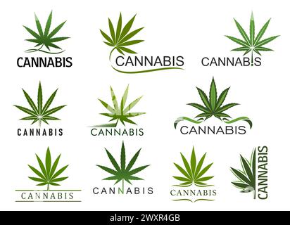 Cannabis Marihuana Blatt Ikonen. Vektor medizinisches Canabis, Hanf oder Unkraut Pflanze grüne Blätter isolierte Etiketten Satz von organischen pflanzlichen Drogen, cbd Öl und Freizeit Cannabis Rauchen Blend Pakete Stock Vektor