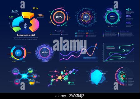 Grafiken und Diagramme der Benutzeroberfläche, Infografik-Elemente, futuristische Dashboard-Datendiagramme Vektorvorlagen. Moderner Dashboard-Bildschirm mit Balken-, Linien-, Kreis- und Zeitachsendiagrammen, Mindmap- und Tortendiagrammen Stock Vektor