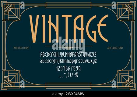 Art déco-Schriftart, romantische Retro-Schriftart und Jugendstilart, Vektor-elegantes englisches Alphabet. Klassische Vintage-Schriftart im Retro-Stil oder luxuriöse Premium-Schriftzeichen, klassische Typografie im Art-Deco-Stil Stock Vektor