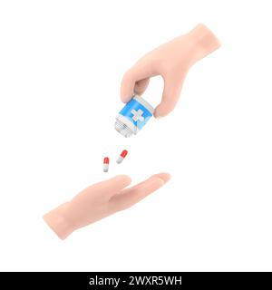 Arzt, der Pillen-Patient gibt. 3D-Illustration, flaches Design. Flasche mit Medikamenten in der Hand halten. Gesundheitskonzept. Nehmen Sie Schmerzmittel ein.3 Stockfoto