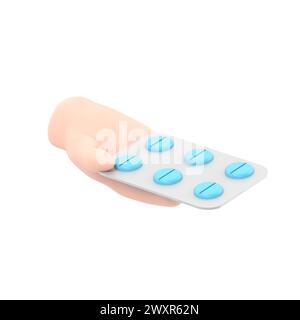 3D-Rendering. Symbol für eine Packung Pillen. Arzt oder Apotheker Cartoon Hand mit schwarzer Haut, die Medikamente hält. Medical Healthcare Illustration.3D Rendering auf weiß Stockfoto