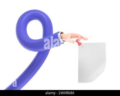 Druckstifte aus Papier. Daumen in Hand Mann. Leeres weißes Blatt. Flache 3D-Illustration. Ansage an Pinnwand anhängen. Idee zur Erinnerung. Message.Long auflisten Stockfoto