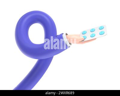 3D-Rendering. Symbol für eine Packung Pillen. Arzt oder Apotheker Cartoon Hand mit schwarzer Haut, die Medikamente hält. Medizinische Gesundheitsbelichtung Illustration.Long Arms Konzept. Stockfoto