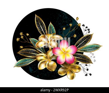 Asymmetrische, florale Komposition aus Gold, Schmuck, Glitzerblüten und Plumerieblättern und frischer rosa Blüte auf schwarzem Kreis. Blumendesign. Stock Vektor