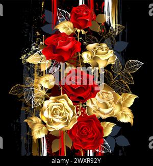 Florale Komposition aus Gold, Schmuck, glänzenden Rosen und roten, blühenden Rosen auf dunklem Hintergrund überstrichen mit großen Farbstrichen. Goldene Rose. Art. P Stock Vektor