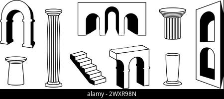 Linienbögen, Säulen und Treppensammlung. Surreales geometrisches Elementset umreißen. Schwarze, kräftige 3D-Bogentüren Säulen, Treppen, Tore bündeln. Trippige Formen für Collage, Poster, Banner, Aufkleber. Vektor Stock Vektor