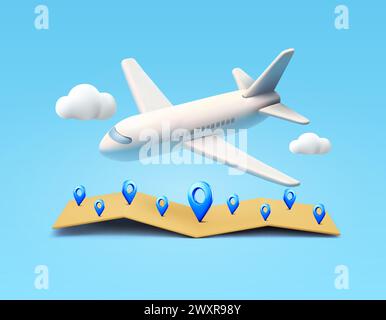 Banner-Vorlage für den weltweiten Transport mit 3D-Weltkarte, Pinnmarkierungssymbolen, fliegendem Flugzeug, Wolken. Reise, Hotel und Resort, Logistik Hintergrund. 3D-Vektordarstellung. Vektorabbildung Stock Vektor