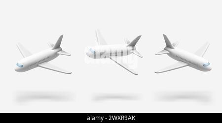 3D gerendertes Flugzeug in verschiedenen Winkeln, isoliert auf weißem Hintergrund. 3D-Vektorflugzeug. Flugsymbol. Vektorillustraion. Vektorabbildung Stock Vektor
