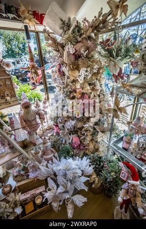 weihnachtsbaumausstellung in einem ganzjährig geöffneten weihnachtsgeschäft am beliebten Gallery Walk der Tambourine Mountains, Tamborine Mountain, Scenic Rim, South East Queensla Stockfoto