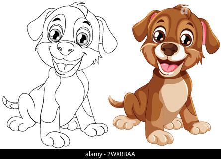 Zwei Zeichentrickhunde, einer farbig und einer umrissen. Stock Vektor