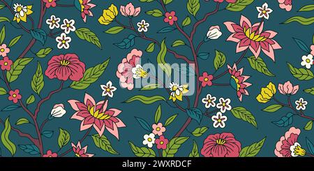 Nahtloses Muster mit handgezeichneten rosafarbenen Chinoiserie-Motiven Stock Vektor
