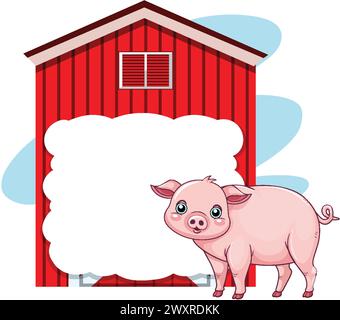 Niedliches Ferkel, das in der Nähe einer leuchtend roten Scheune steht Stock Vektor
