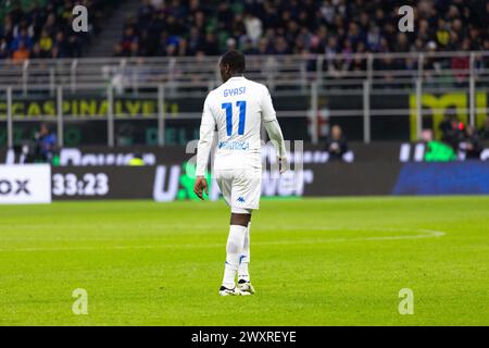 Mailand, Italien. April 2024. Emmanuel Gyasi im Spiel der Serie A zwischen dem FC Internazionale und dem Empoli FC im Giuseppe Meazza Stadion in Mailand, Italien, am 1. April 2024 Credit: Mairo Cinquetti/Alamy Live News Stockfoto