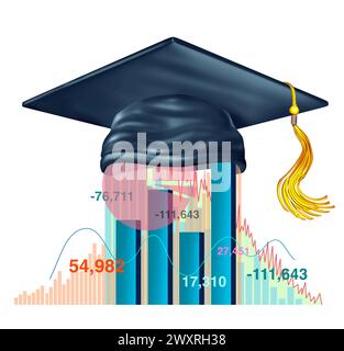 Symbol für Finanz- und Wirtschaftswissenschaftler oder Wirtschaftswissenschaftler als Mörserbrett oder Abschlusshut mit Finanzsymbol als Symbol für Aktienanalytiker. Stockfoto