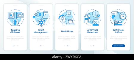 Sicherheitsmaßnahmen für Buchhandlungen: Blauer Bildschirm der mobilen App für das Onboarding Stock Vektor