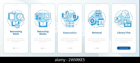 Blauer Onboarding-Bildschirm der mobilen App für die Buchzirkulation Stock Vektor