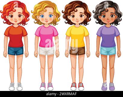 Vier Zeichentrickmädchen mit verschiedenen Frisuren und Kleidern Stock Vektor