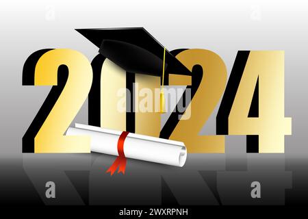 Graduierungskappe 2024. Diplom-Zertifikat. Jahreszahlen. Akademische Feier. Vektorabbildung. EPS 10. Stock Vektor