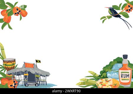 Horizontaler Rahmen mit Wahrzeichen von Jamaika. Traditionelles Essen, Kolibri, Strandbar, nationales Obst-Acker, Rastafarismus, Wasserfall, Rum. Vektor für Stock Vektor