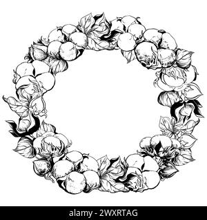 Runder Baumwollrahmen mit Platz für Text. Weiße Baumwollblüten mit Gravurtechnik. Weiße Baumwollbällchen, Blätter und Zweige. Vektor-Retro-Illustration Stock Vektor
