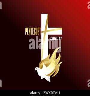 Pfingstsonntag, Jesu Kreuz und Taube christliches Hemd-Design. „Heiliger Geist“-Logo. Vektorabbildung Stock Vektor