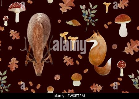 Nahtloses Aquarellmuster im Herbst im Wald von wilden Pflanzen und Tieren auf dunklem Hintergrund Stockfoto