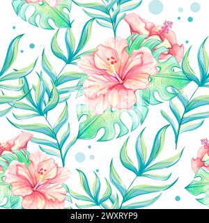 Nahtloses tropisches Aquarellmuster mit Blumen und tropischen Blättern aus schwarzem Hintergrund Stockfoto