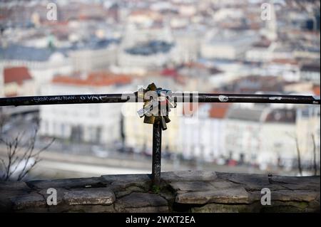 Love verriegelt am Geländer in Budapest Gellért Hill Stockfoto