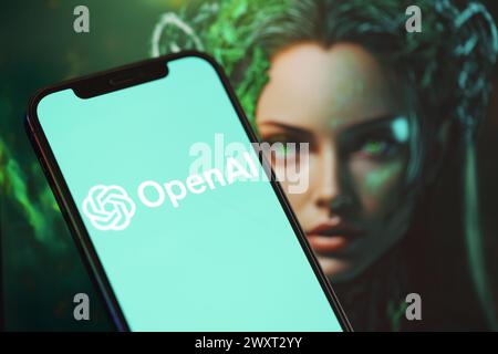 KIEW, UKRAINE - 17. MÄRZ 2024 OpenAI-Logo auf dem iPhone-Display mit Hintergrund der künstlichen Intelligenz futuristischen Ai-generierten Bild Nahaufnahme Stockfoto