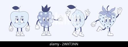 Groovige Linie Cartoon Apfel, Erdbeere, Himbeere, Zitrone. 60er und 70er Jahre funky Comic-Charaktere. Stock Vektor
