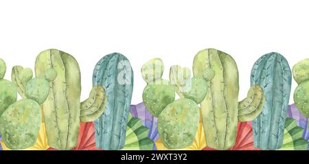 Nahtloser Rand aus Kakteen und Papierfächerelementen, handgezeichnet in Aquarell. Buntes Design mit Kakteen und fiesta Blumen isoliert auf weißem Hintergrund. Stockfoto