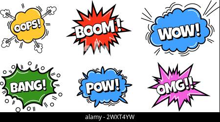 POW Comic Bubble Kollektion. Klang-Dialog-Sprechblasen mit Wort – WOW, Bang, OMG und andere. Pop-Art-Ausdruck in hellen Farben und schwarzer Umrandung. Stock Vektor