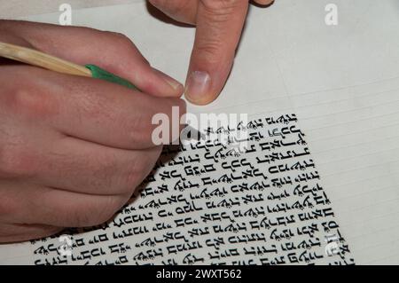 Nahaufnahme der Hände eines jüdischen Schriftstellers, der den hebräischen Text der Thora oder Bibel auf Pergament mit Federfeder und schwarzer Tinte schreibt. Stockfoto