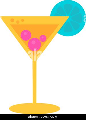 Großer Glasbecher mit tropischem Cocktail. Glas gefüllt mit Martini und garniert mit Zitrusscheibe. Symbol für den Sommerurlaub. Einfacher, flacher Cartoon Vect Stock Vektor