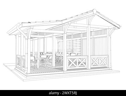 Umriss des Pavillons. Lineare Silhouette mit schwarzer Kontur. Isometrische Ansicht. Kontur eines Sommerhauses mit Bänken, Tisch und Dach. Vektorabbildung. 3D. Stock Vektor