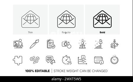 Blockdiagramm, Fake News und Symbole für Puzzle-Linien. Für Web-App drucken. Zeilensymbole. Vektor Stock Vektor